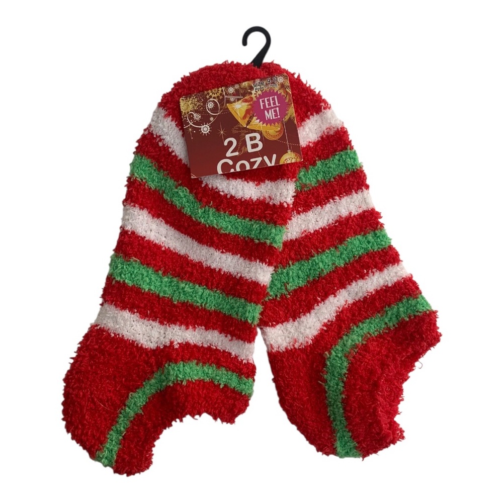 Cozy Holiday Striped Fuzzy Slipper Socks - Red, White & Green Sz 9-11